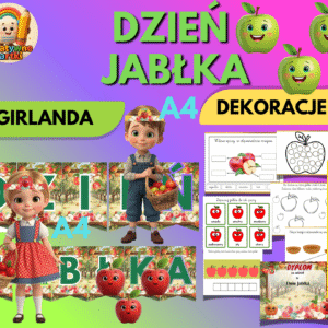 Pakiet Dzień Jabłka-Dekoracje na Dzień Jabłka – Girlanda, Karty Pracy i Dyplom A4 do Druku