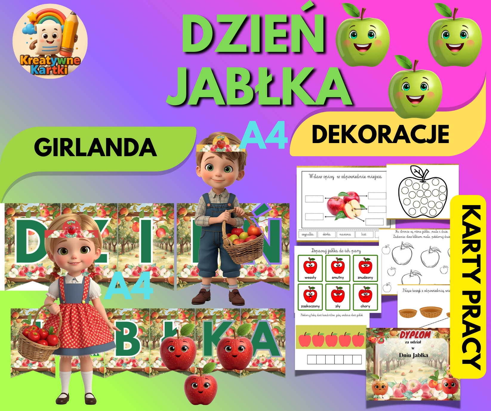 Pakiet Dzień Jabłka-Dekoracje na Dzień Jabłka – Girlanda, Karty Pracy i Dyplom A4 do Druku