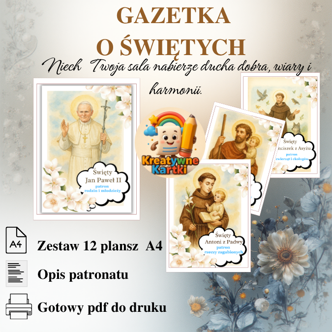 Gazetka o Wszystkich Świętych – 12 pięknych plansz akwarelowych A4. Edukacyjna dekoracja religijna do przedszkola i szkoły. Pobierz i wydrukuj!