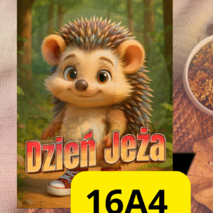 Fotobudka „Dzień Jeża” 16×A4 – duży plakat z uroczym jeżem w stylu 3D. Idealna dekoracja do zdjęć w przedszkolu. Drukujesz z PDF – szybko i efektownie.