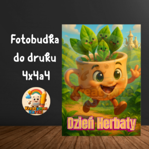 Ścianka do zdjęć Dzień Herbaty – Dzieci pozujące do pamiątkowego zdjęcia z fotobudką DIY w tle.