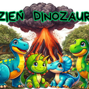 Dzień Dinozaura dekoracja XXL wulkan i dinozaury do druku.