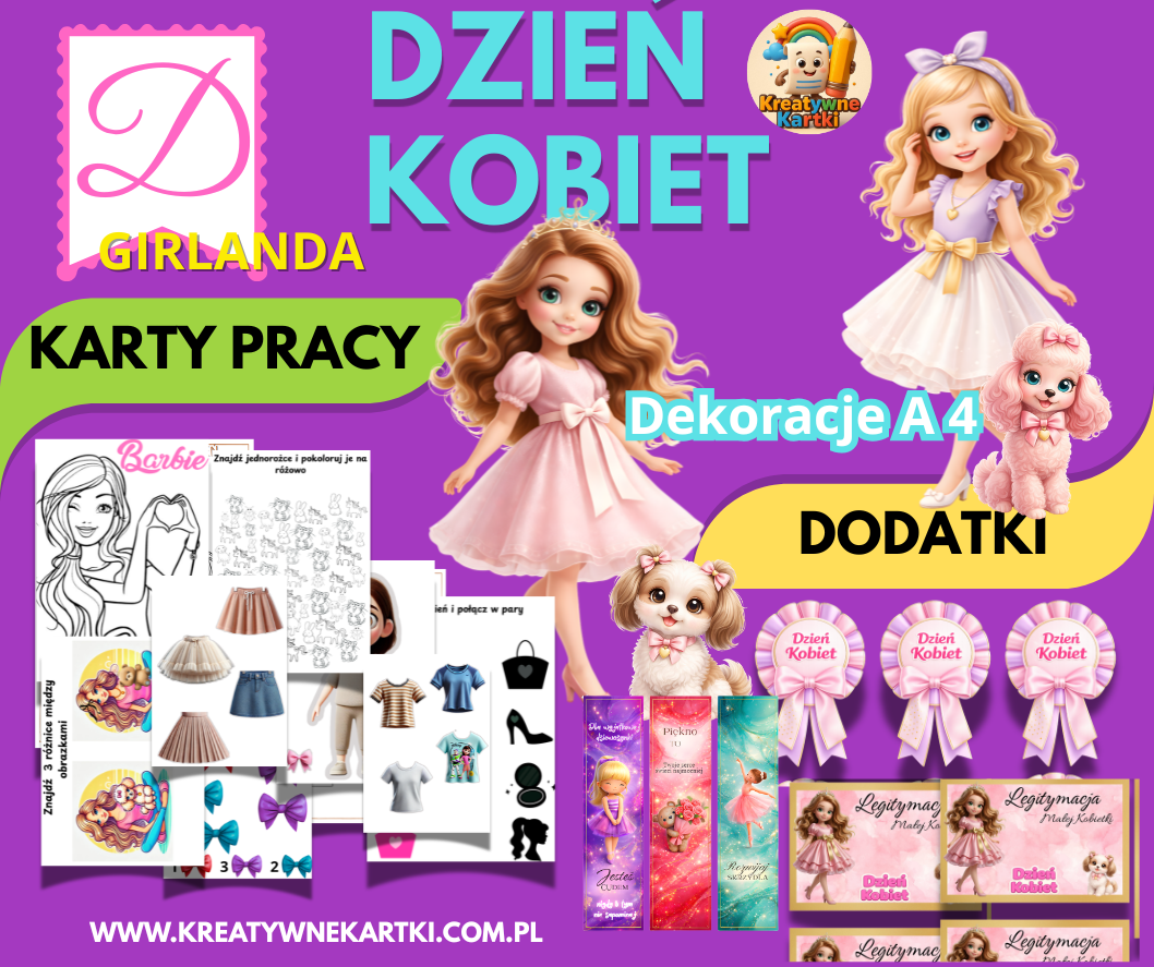 Dzień Kobiet, materiały do druku, przedszkole, szkoła, pamiątka dla dzieci, legitymacja małej kobietki, karty pracy Barbie, dekoracje sali, girlanda PDF, zestaw 8 marca, upominek dla dziewczynek, Kreatywne Kartki