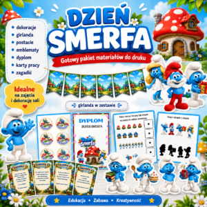 dzień smerfa materiały do druku dekoracje karty pracy dyplom zagadki
