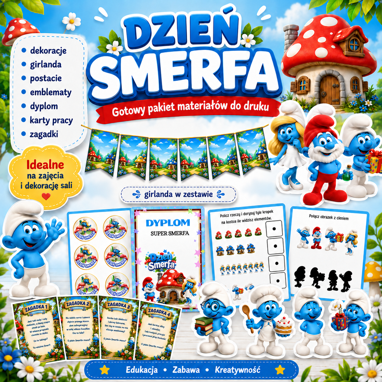 dzień smerfa materiały do druku dekoracje karty pracy dyplom zagadki