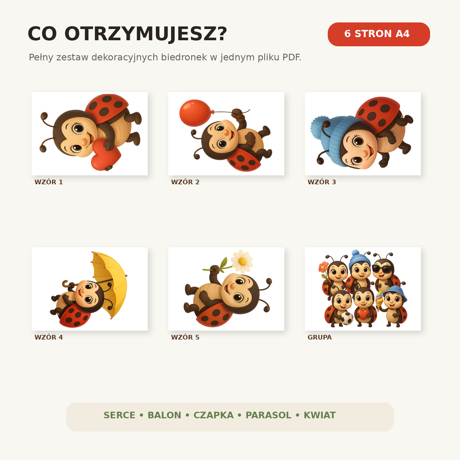 Biedronki do dekoracji sali – zawartość zestawu 6 stron A4