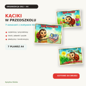 Kąciki w przedszkolu do druku – 7 plansz A4 z biedronką