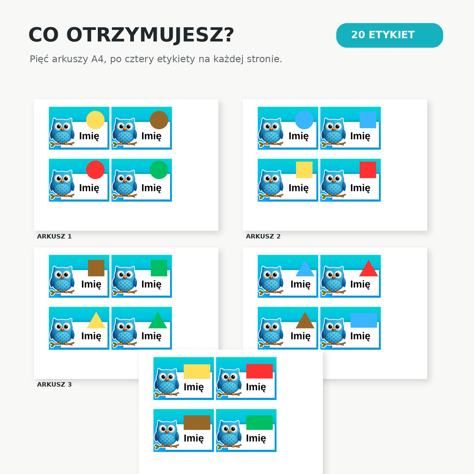 Etykiety do szafek sówki – zawartość zestawu 5 arkuszy A4