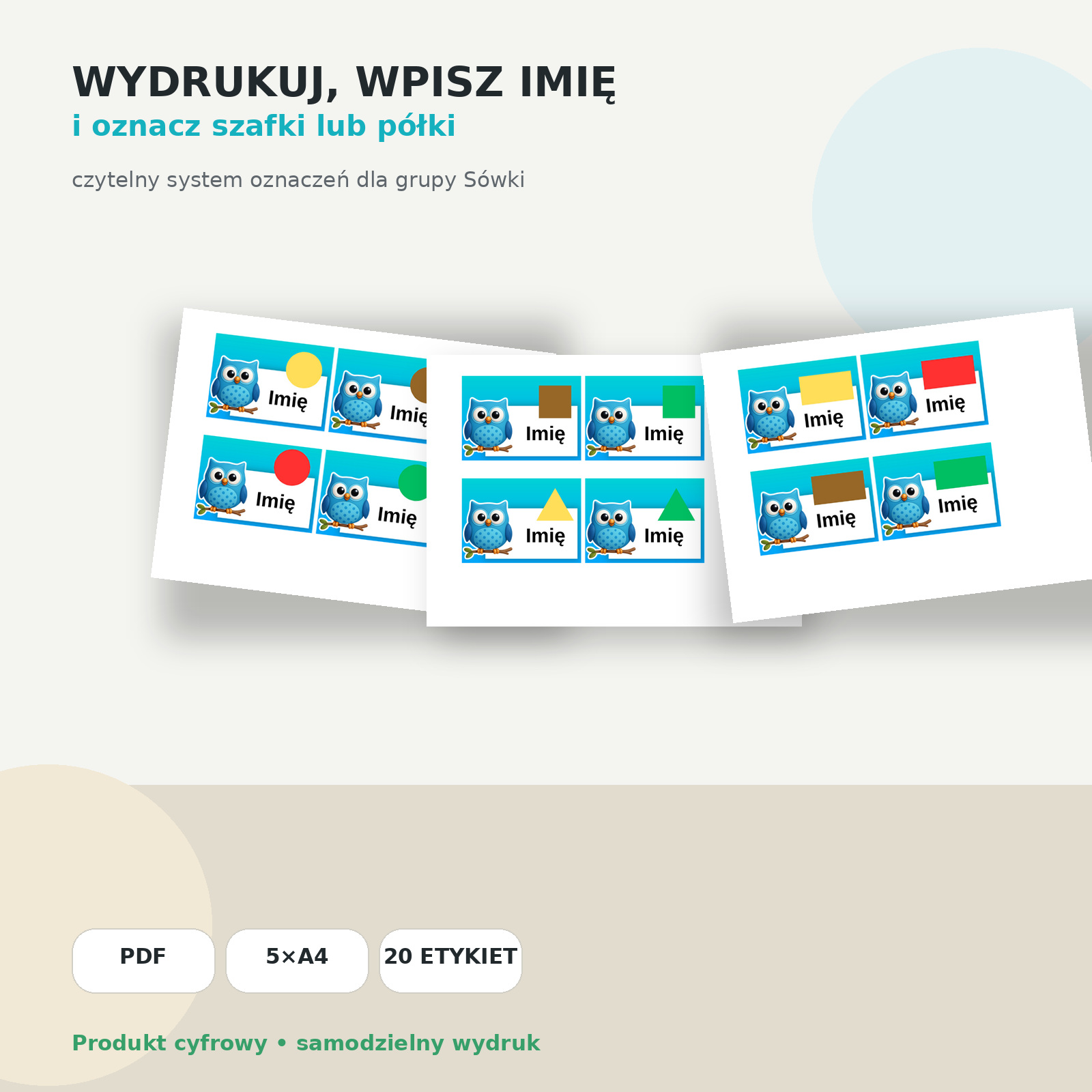 Etykiety do szafek sówki – oznaczenia z miejscem na imię do samodzielnego wydruku