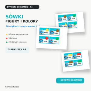 Etykiety do szafek sówki – 20 wzorów z figurami i kolorami