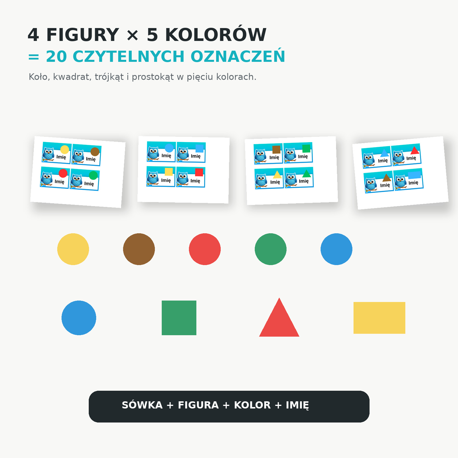 Etykiety do szafek sówki – figury geometryczne i pięć kolorów