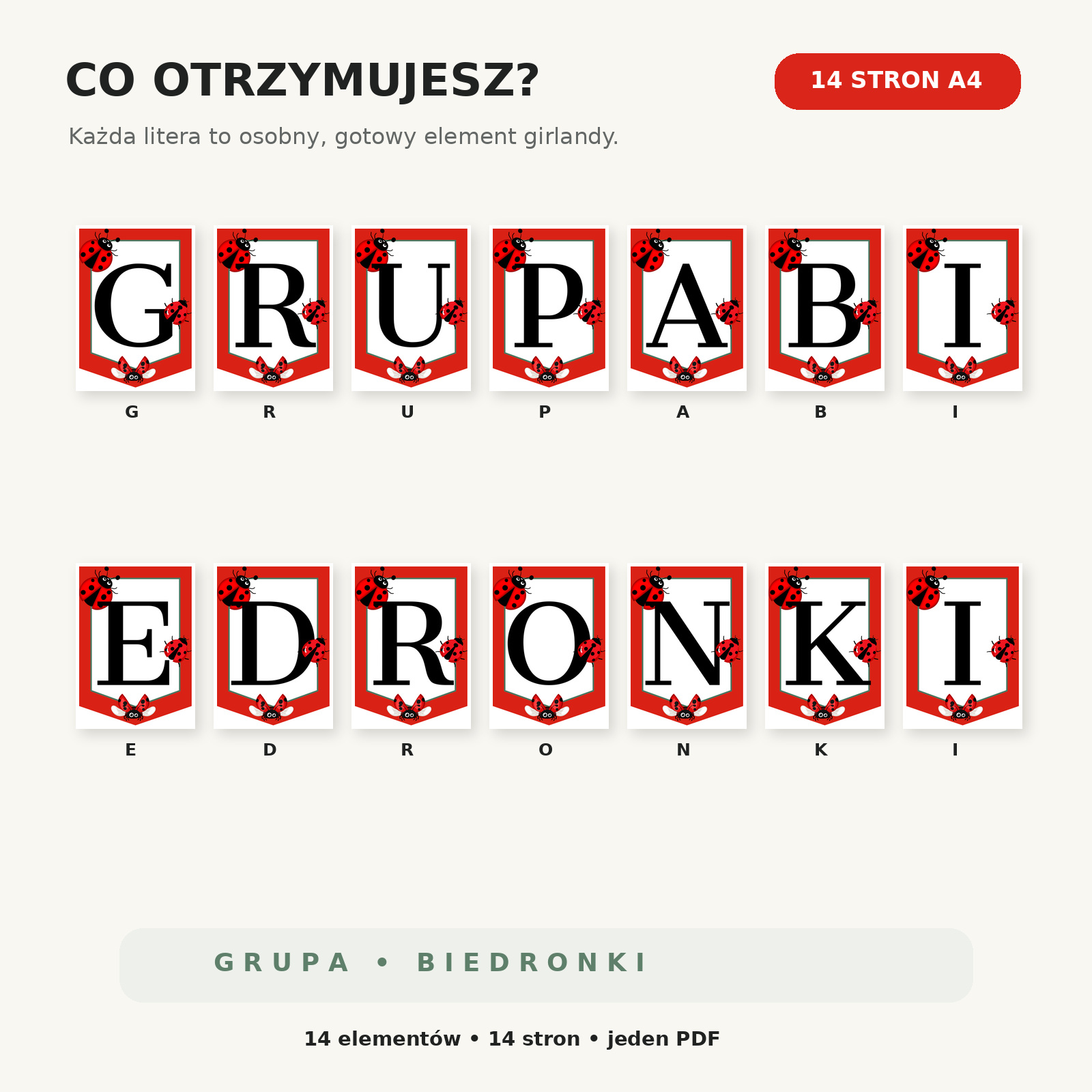 Girlanda grupa biedronki - zawartość zestawu 14 elementów A4