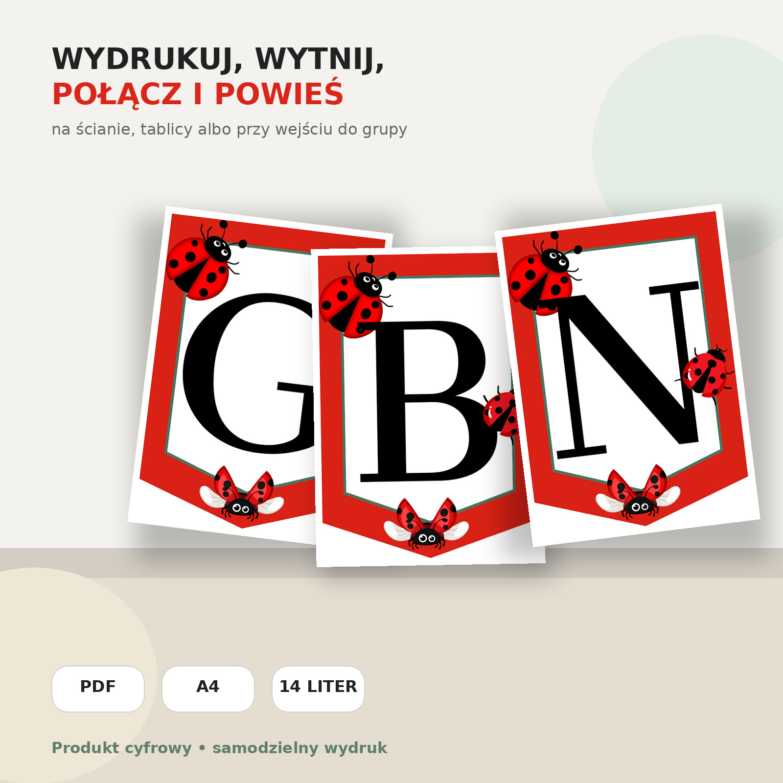 Girlanda grupa biedronki - wydrukowane elementy dekoracji do sali
