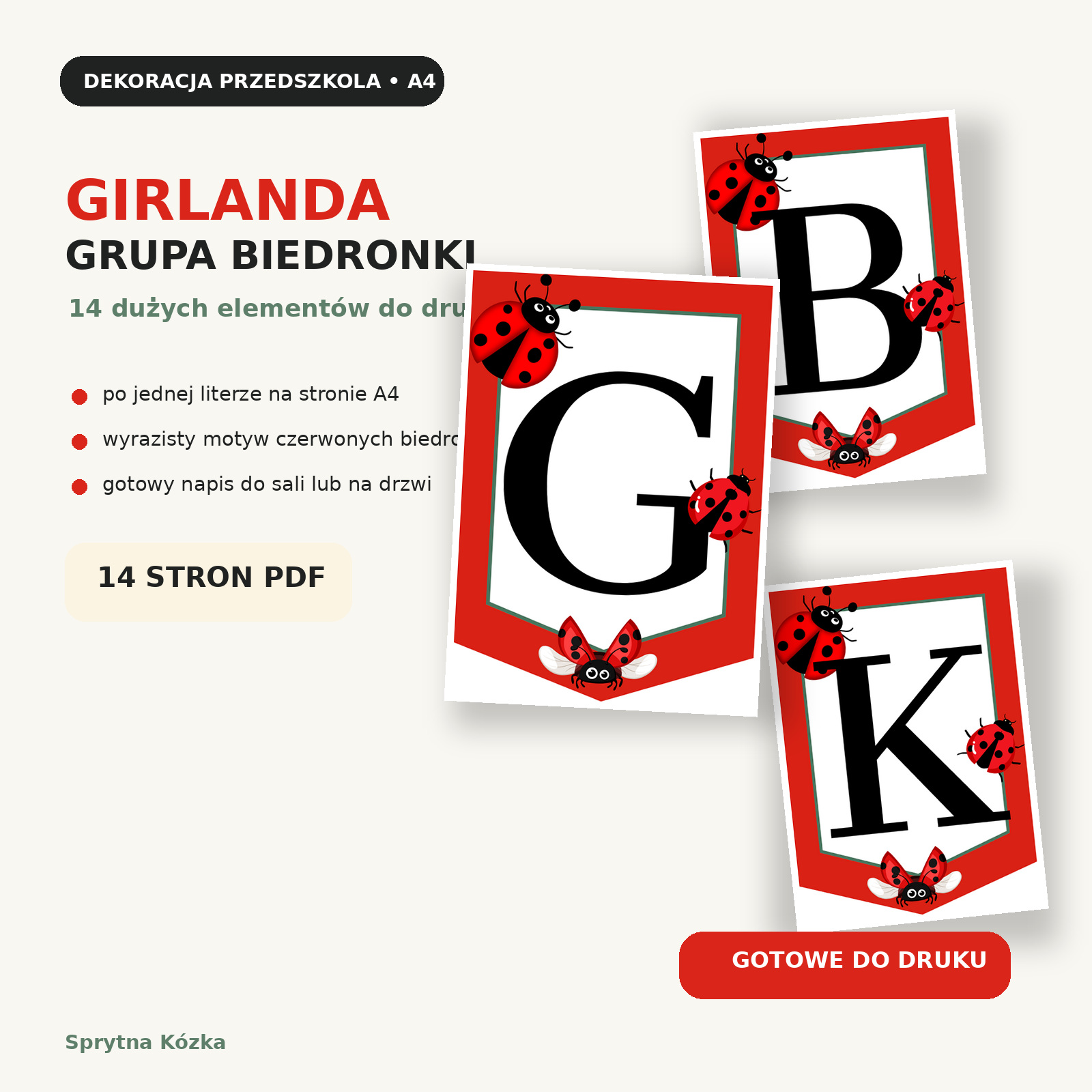 Girlanda grupa biedronki - dekoracyjny napis A4 do przedszkola