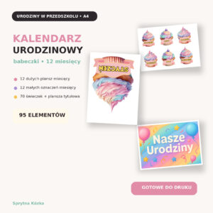 Kalendarz urodzinowy do przedszkola - babeczki, 12 miesięcy i świeczki