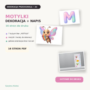 Dekoracja grupy Motylki do druku – napis i elementy dekoracyjne A4