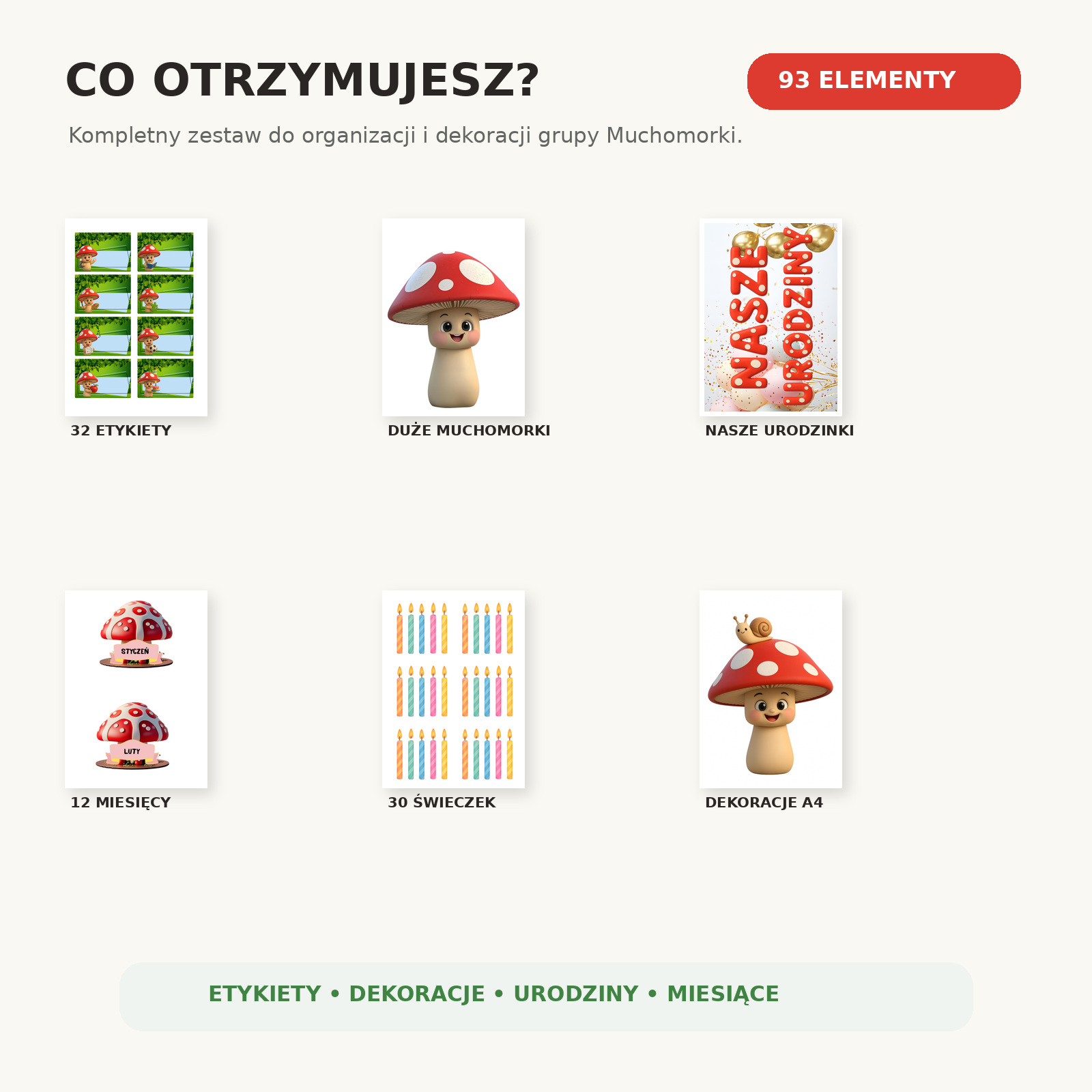 Muchomorki pakiet do sali – zawartość zestawu 93 elementów