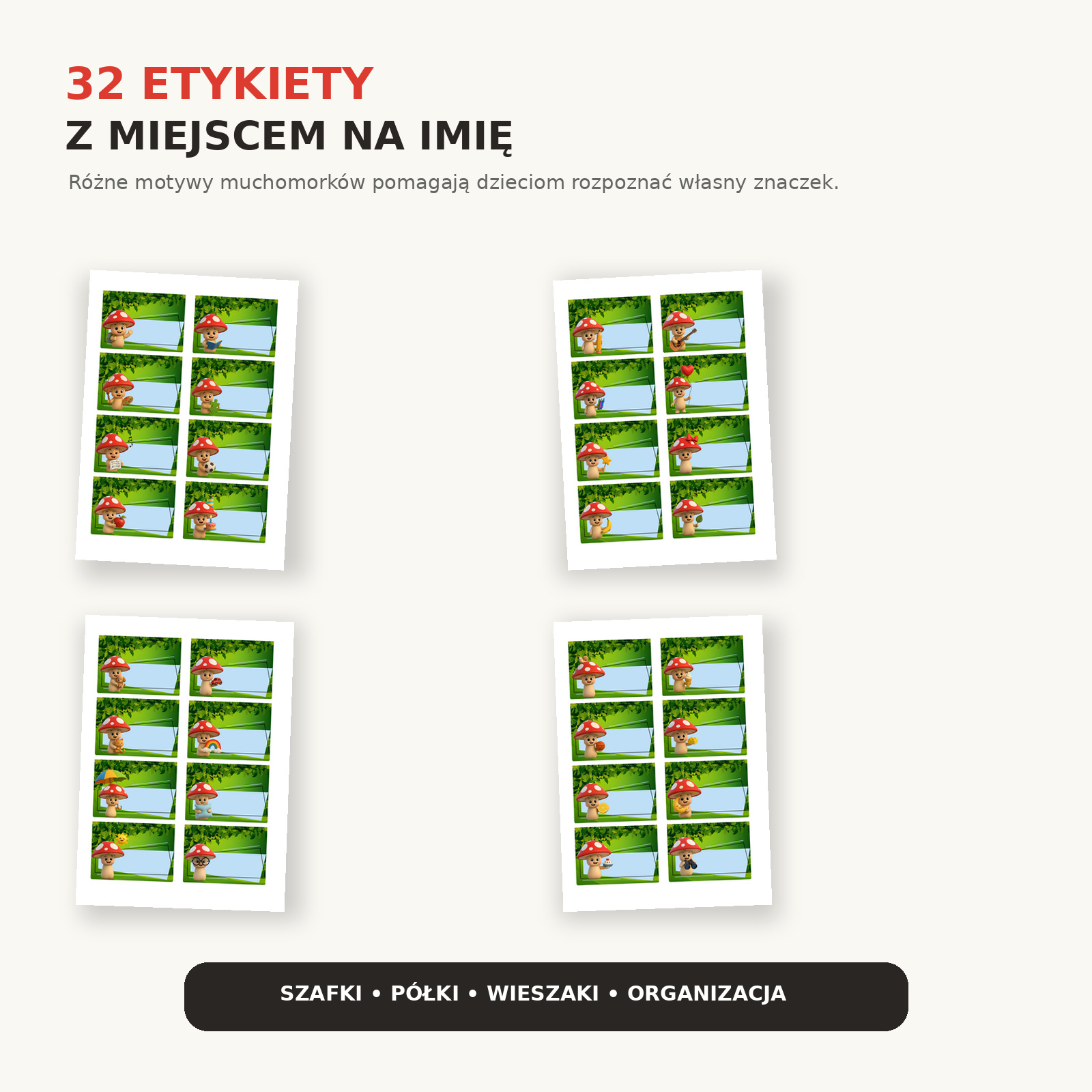 Etykiety Muchomorki z miejscem na imię – 32 znaczki do organizacji sali