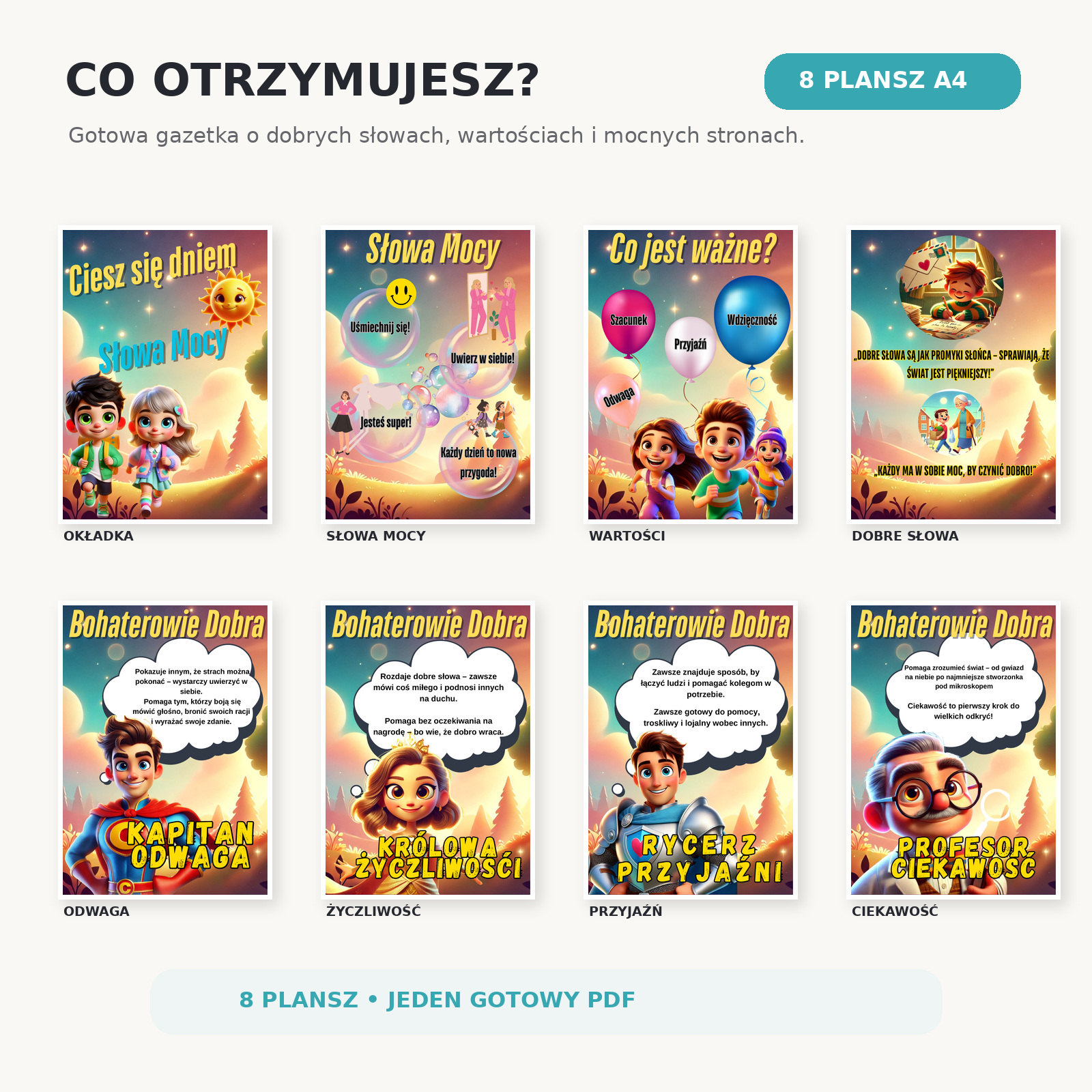 Słowa Mocy – zawartość zestawu 8 plansz A4