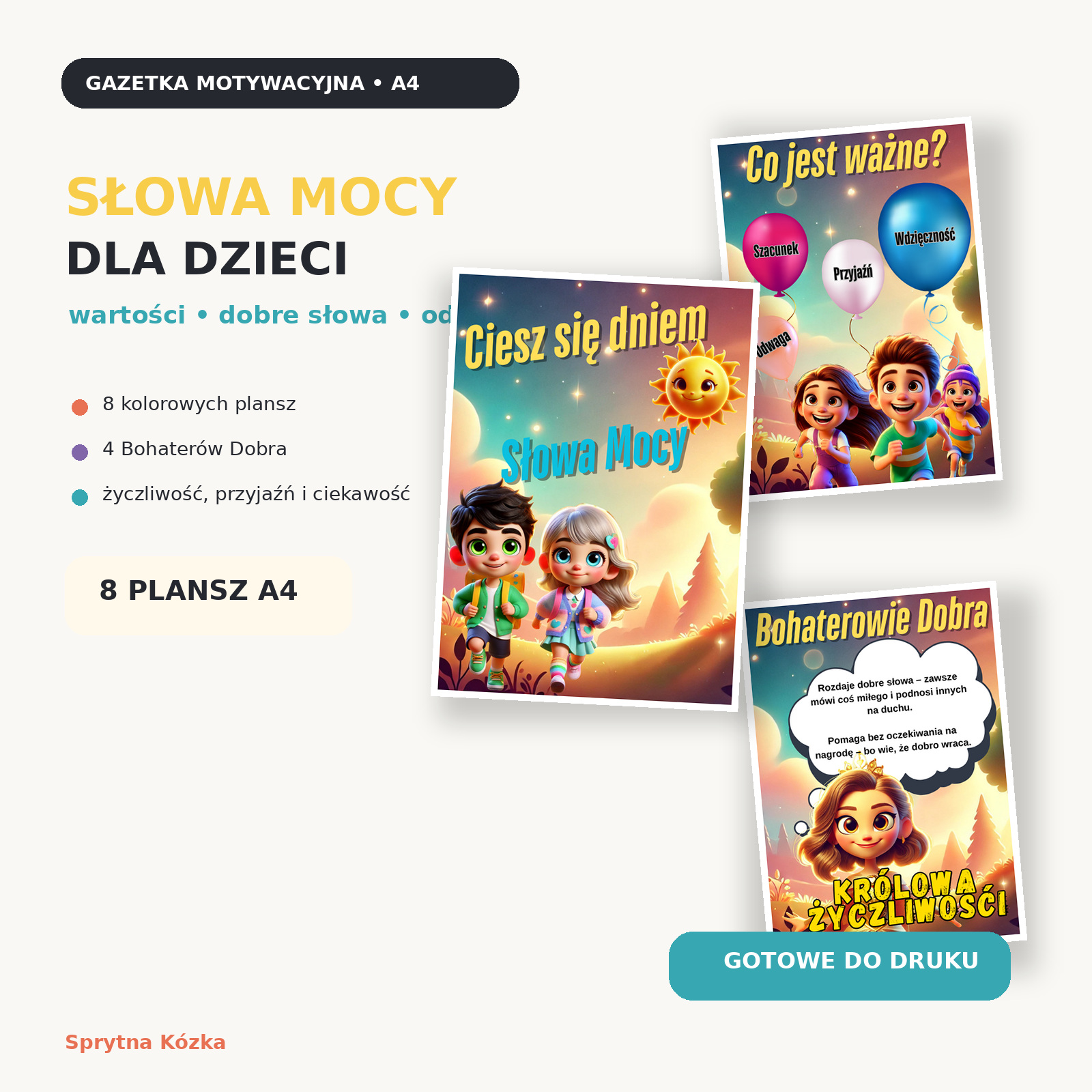 Gazetka motywacyjna do przedszkola – Słowa Mocy, 8 plansz A4