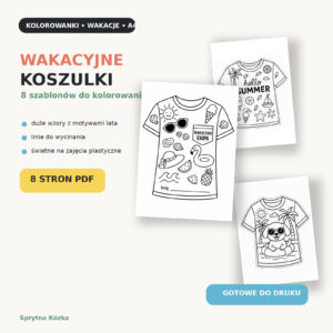 Wakacyjne koszulki do kolorowania – 8 szablonów A4 do druku