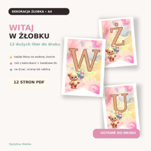 Napis witaj w żłobku do druku – 12 pastelowych liter A4 z misiem