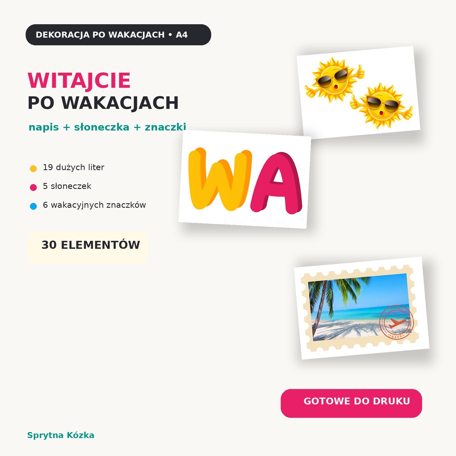 Napis witajcie po wakacjach do druku – litery, słoneczka i wakacyjne znaczki