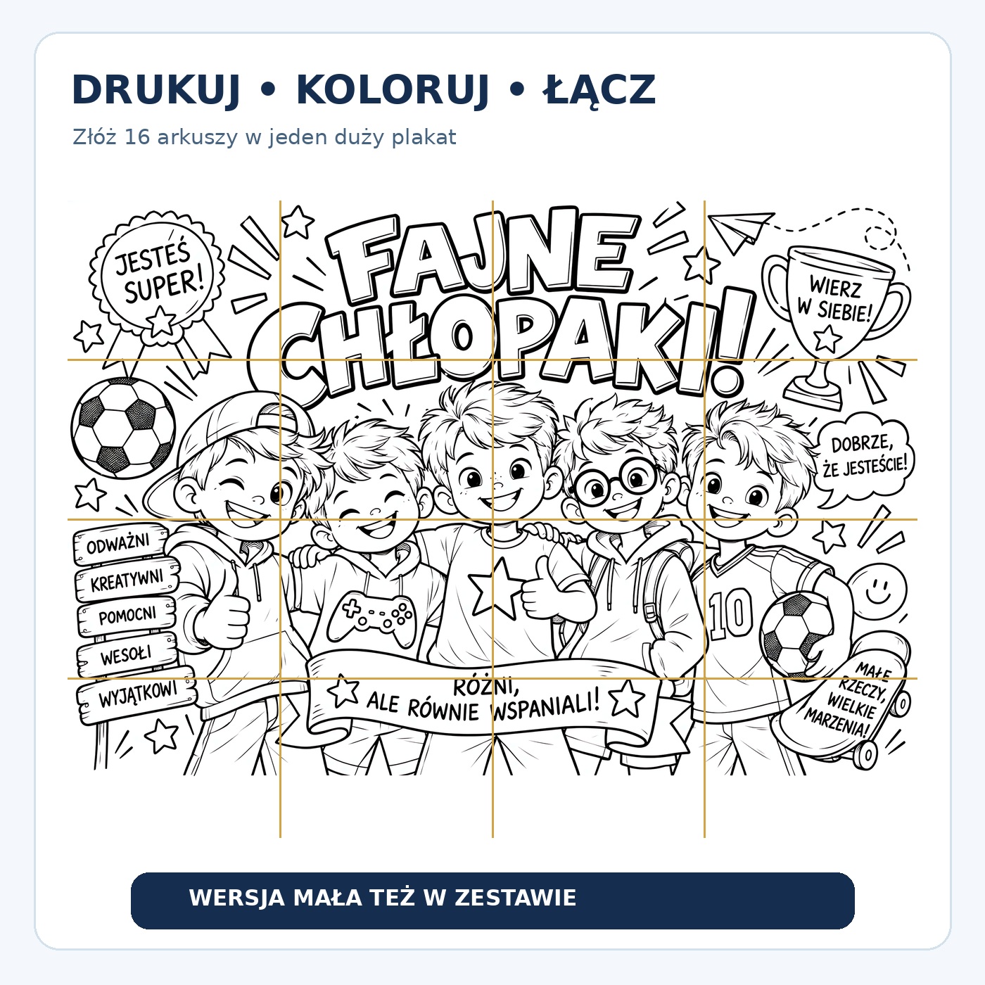 Podgląd podziału plakatu na 16 arkuszy A4 do wspólnego kolorowania i sklejenia