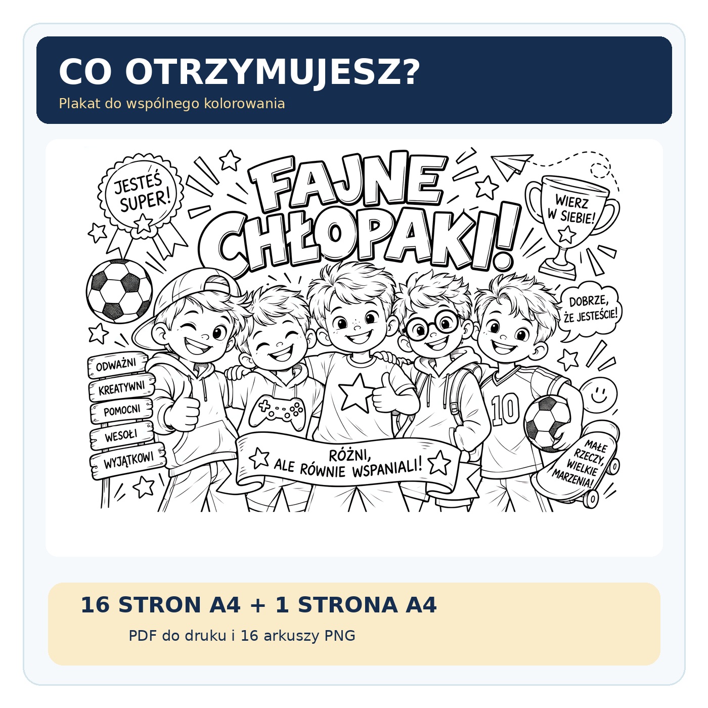 Fajne chłopaki plakat do kolorowania – podgląd całego rysunku oraz wersji 16 i 1 strona A4