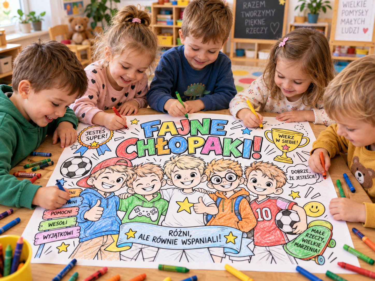 Plakat Fajne chłopaki na Dzień Chłopaka – dzieci wspólnie kolorują duży plakat
